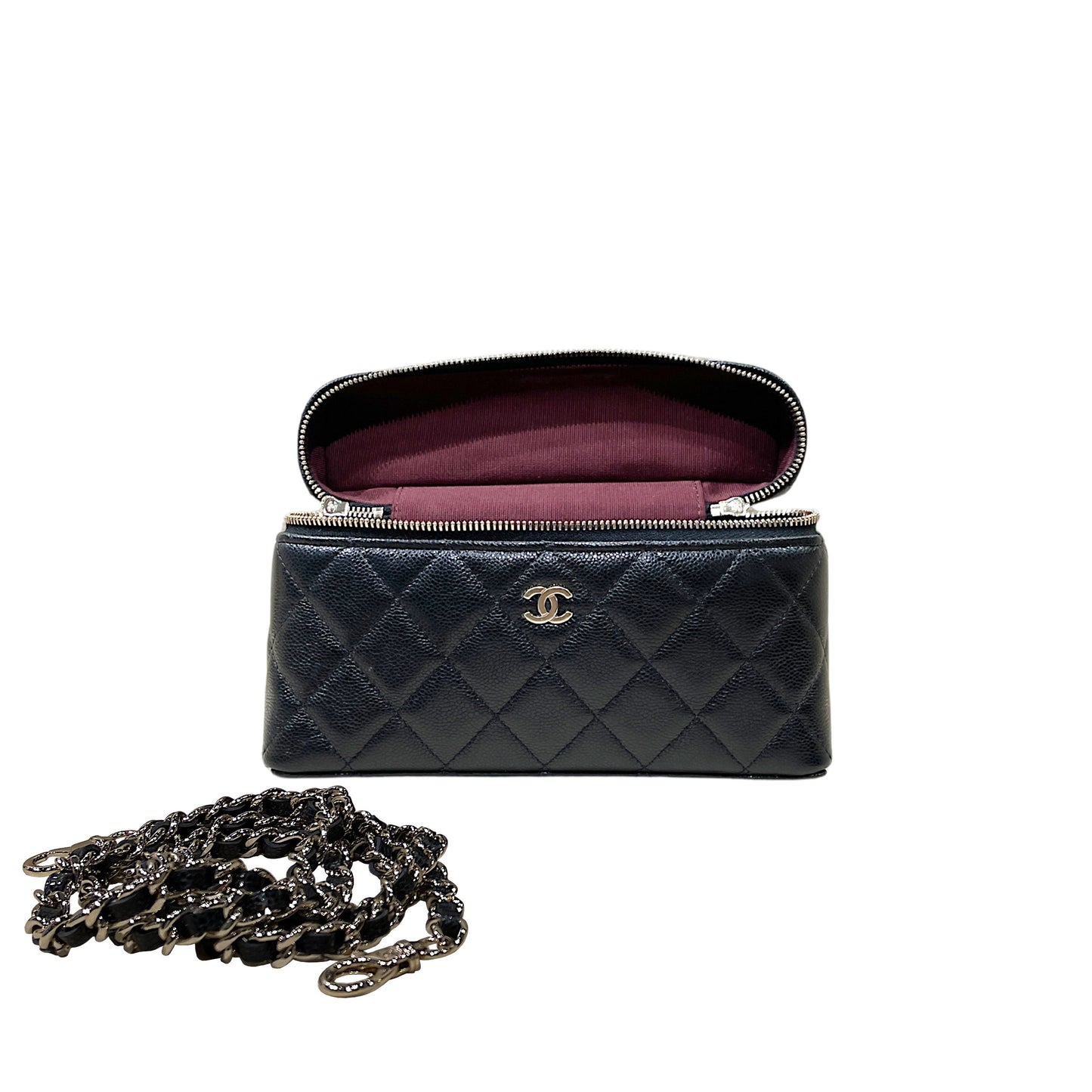 Chanel Vanity Case in Caviar Grained Calfskin & Gold-Tone Metal with Chain