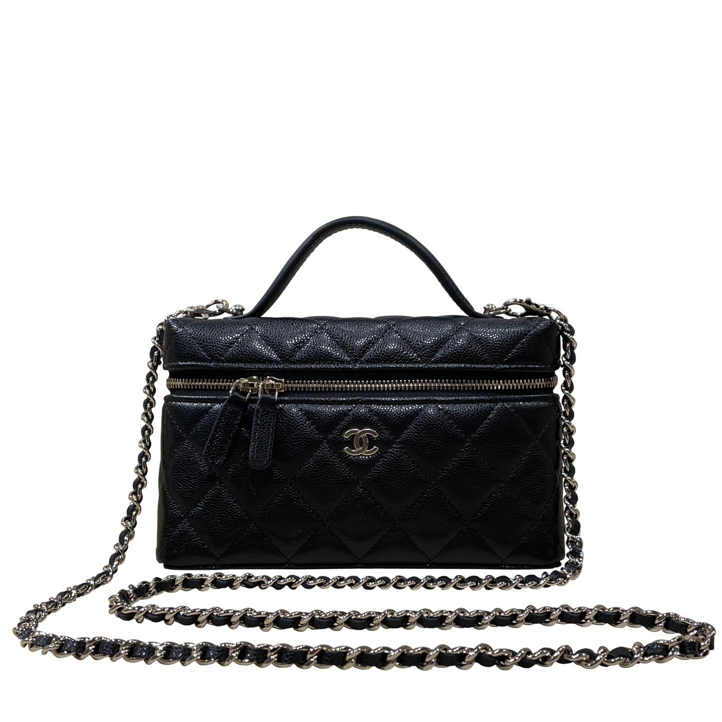 Chanel Vanity Case in Caviar Grained Calfskin & Gold-Tone Metal with Chain