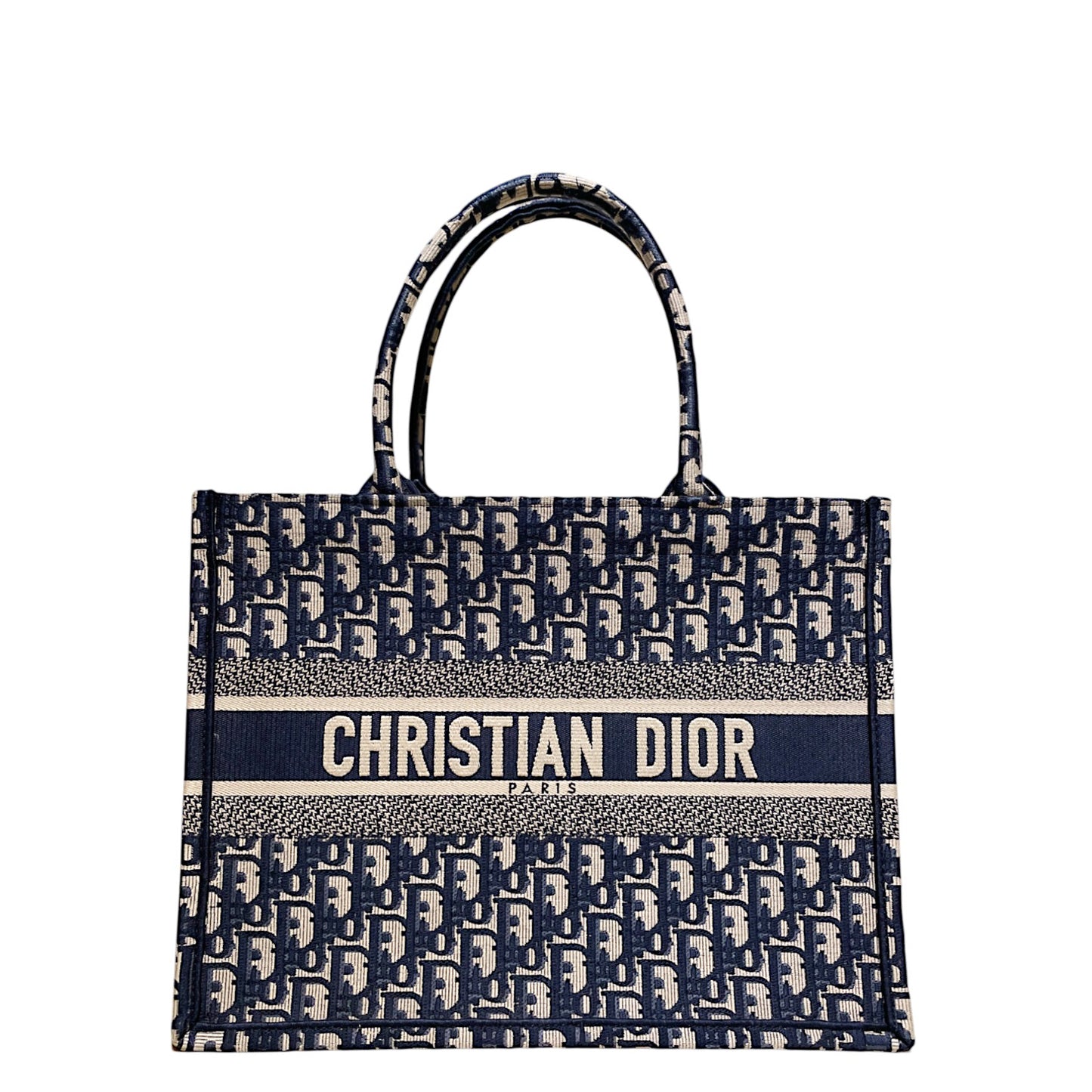 Dior Book Tote in Ecru and Blue Dior Oblique Embroidery
