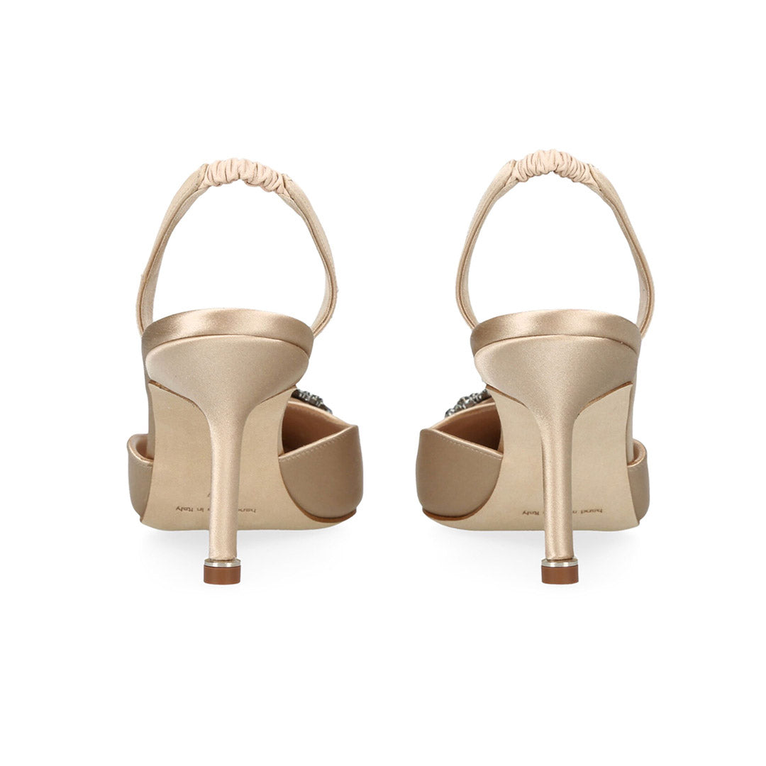 Manolo Blahnik Hangisli Champagne Satin Jewel Buckle 70mm Mid Heel Slingback Pumps