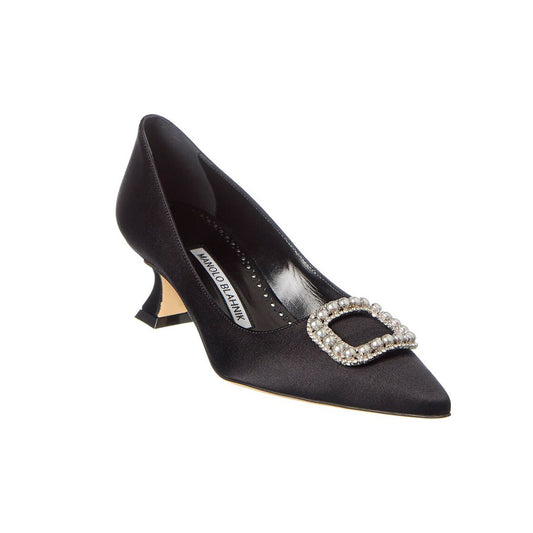 Manolo Blahnik Fabeta Black Satin 50mm Low Heel Pumps with Crystal and Pearl Buckle