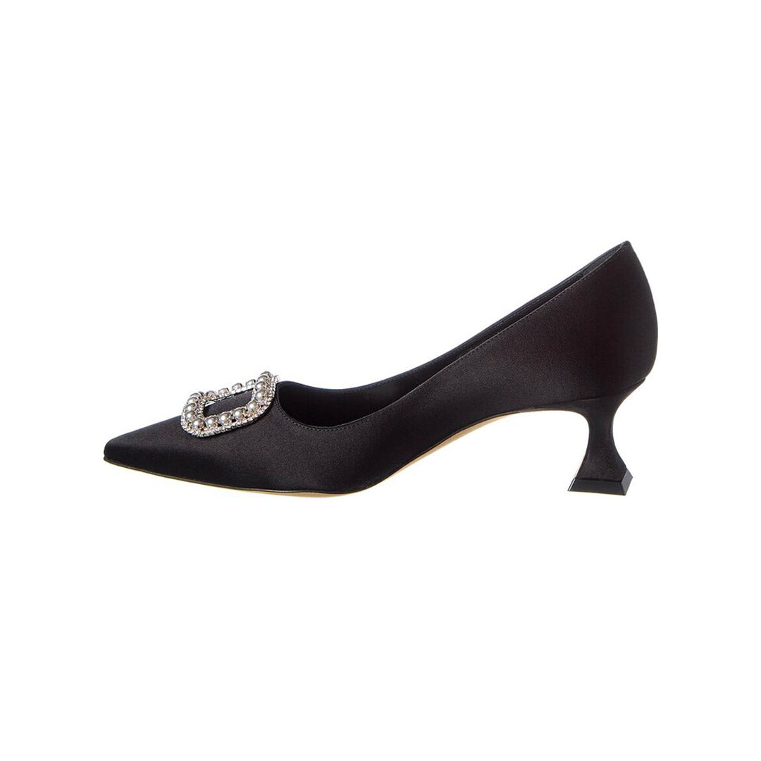 Manolo Blahnik Fabeta Black Satin 50mm Low Heel Pumps with Crystal and Pearl Buckle
