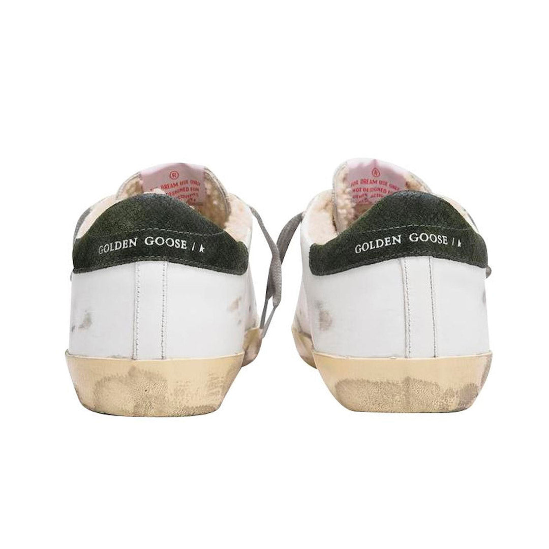 GGDB Men's Super-Star Classic - White Leather / Shearling Fur Lining / Military Green Suede Star and Heel Tab