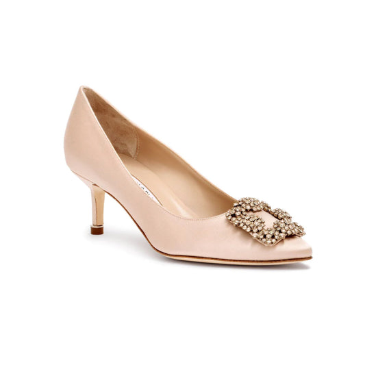 Manolo Blahnik Hangisi Champagne Satin Jewel Buckle 50mm Low Heel Pumps