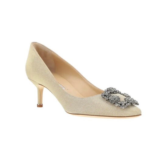 Manolo Blahnik Hangisi Champagne Glitter Jewel Buckle 50mm Low Heel Pumps