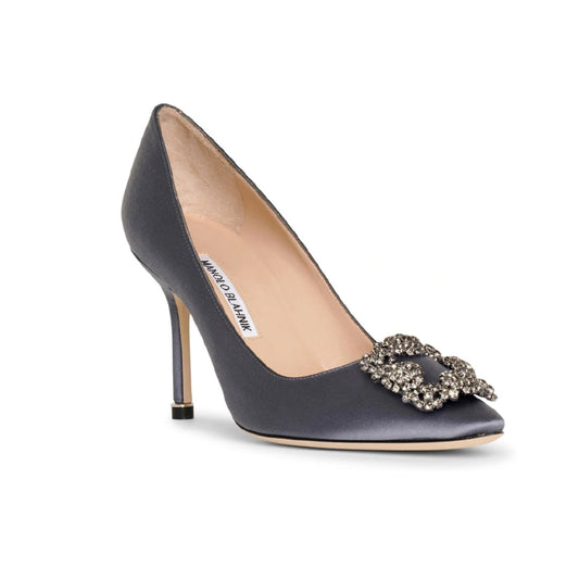 Manolo Blahnik Hangisimu Grey Satin Jewel Buckle 70mm Mid Heel Pumps