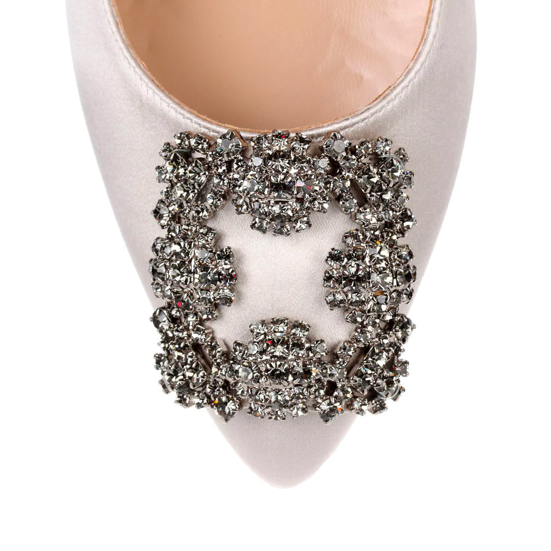 Manolo Blahnik Hangisi Light Grey Satin Jewel Buckle 50mm Low Heel Pumps