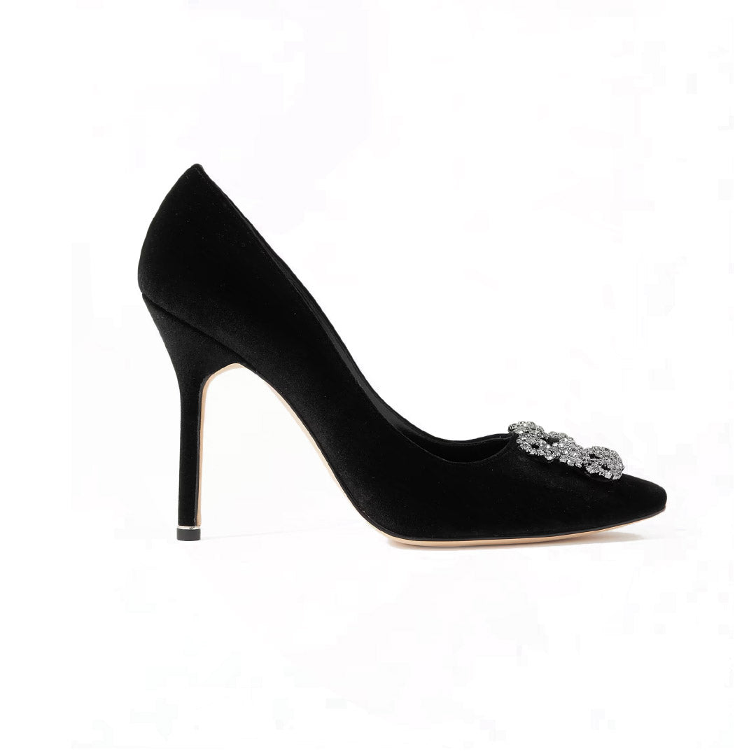 Manolo Blahnik Hangisi Black Satin Jewel Buckle 90mm High Heel Pumps