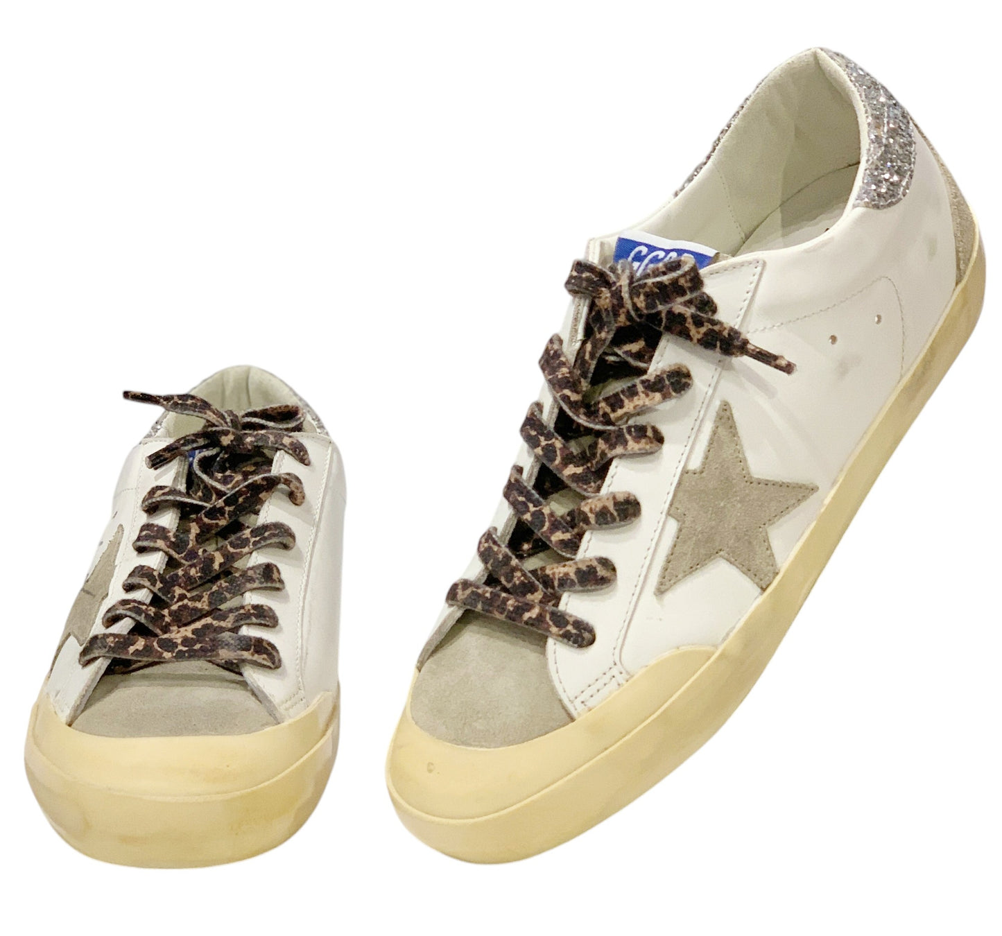 GGDB Men's Super-Star - White Leather / Gray Suede Star, Tongue, Counter Spur / Glitter Heel Tab / Leopard Print Laces