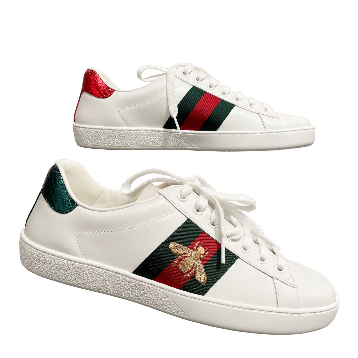 Gucci Men's Ace Sneaker with Bee & Web Stripe Low-Top Leather Trainers