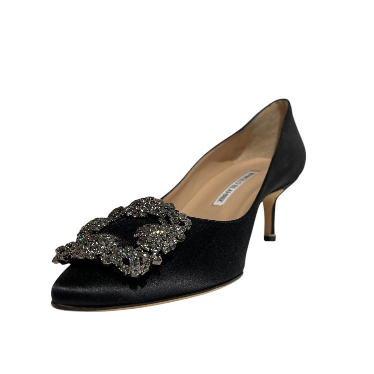 Manolo Blahnik Hangisi Black Satin Jewel Buckle 50mm Low Heel Pumps