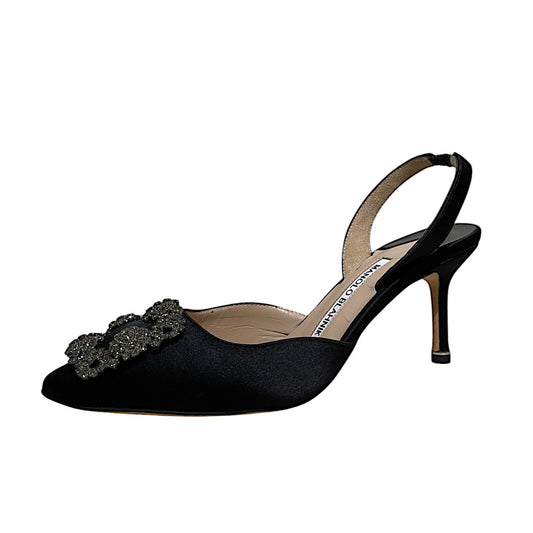 Manolo Blahnik Hangisli Black Satin Jewel Buckle 70mm Mid Heel Slingback Pumps