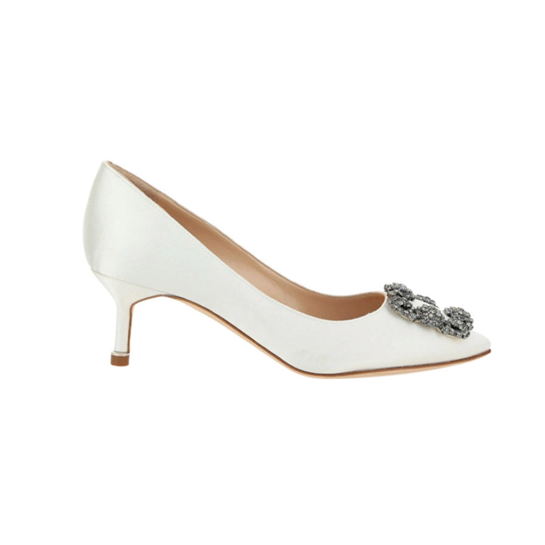 Manolo Blahnik Hangisi White Satin Jewel Buckle 50mm Low Heel Pumps