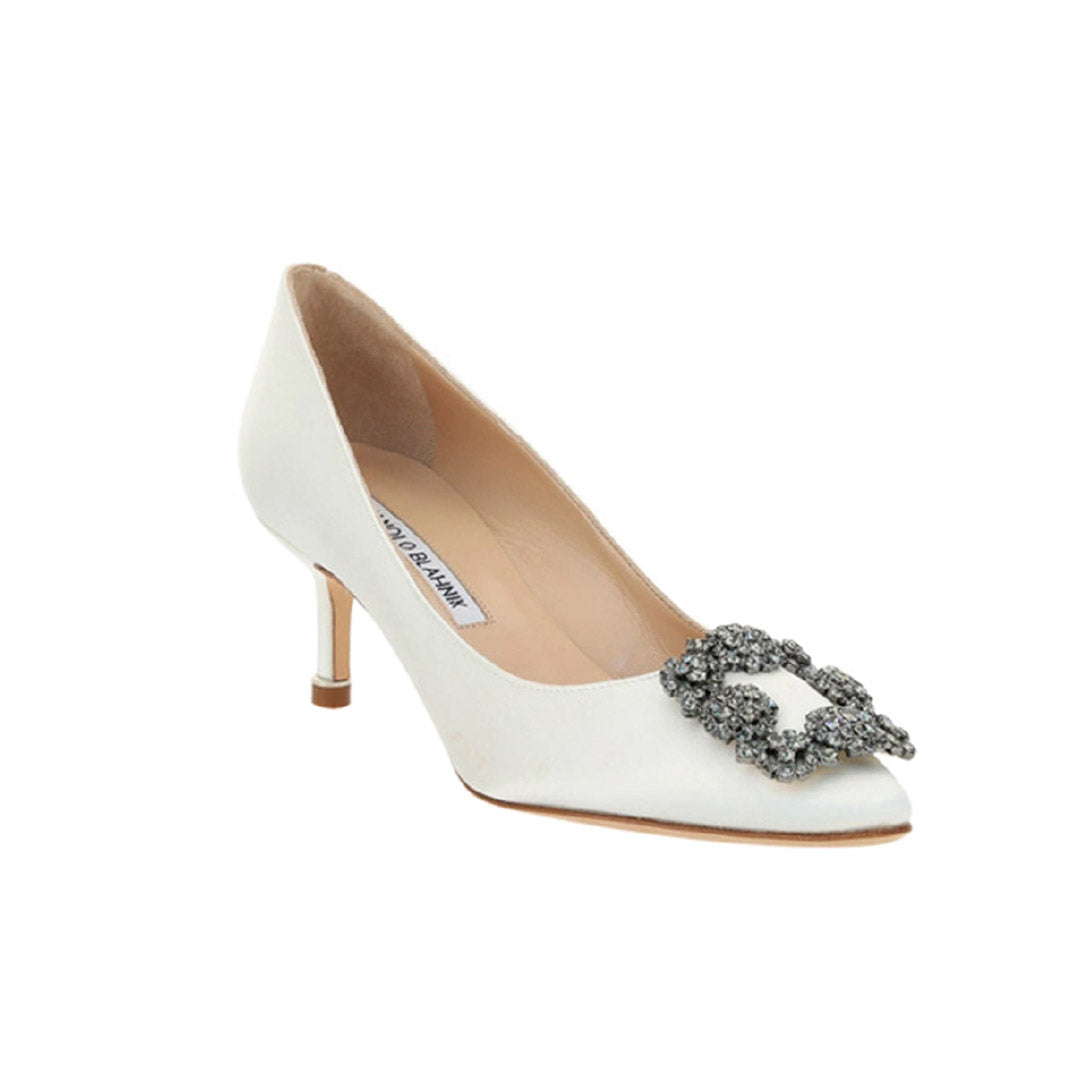 Manolo Blahnik Hangisi White Satin Jewel Buckle 50mm Low Heel Pumps