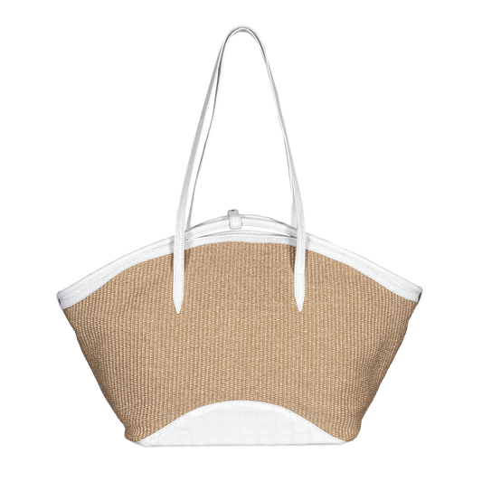 Buti Cassiopea Tote in Straw Fabric and White Calf Cocco Mousse Leather