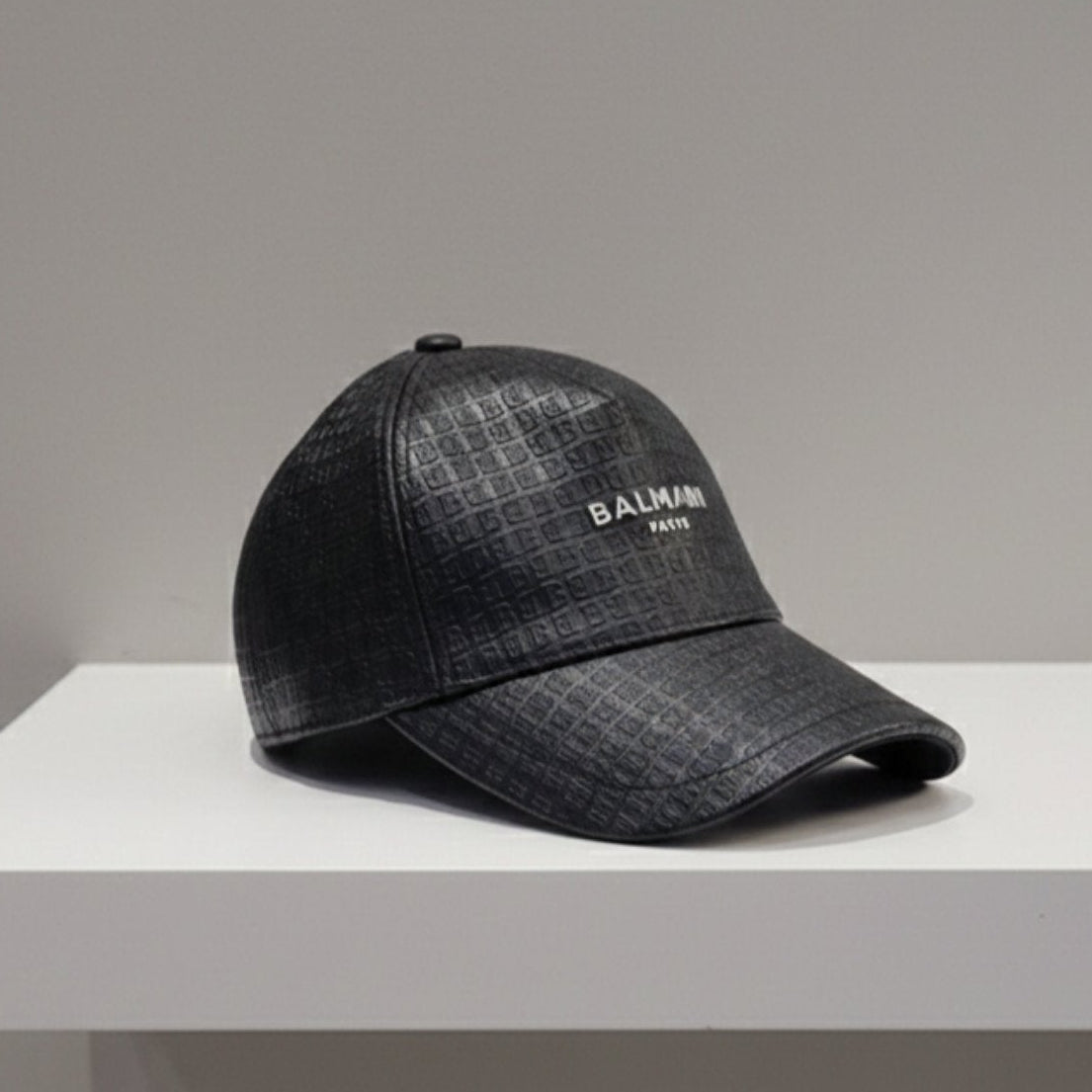 BALMAIN LEATHER CAP with 3D Silver and Embossed B Brand