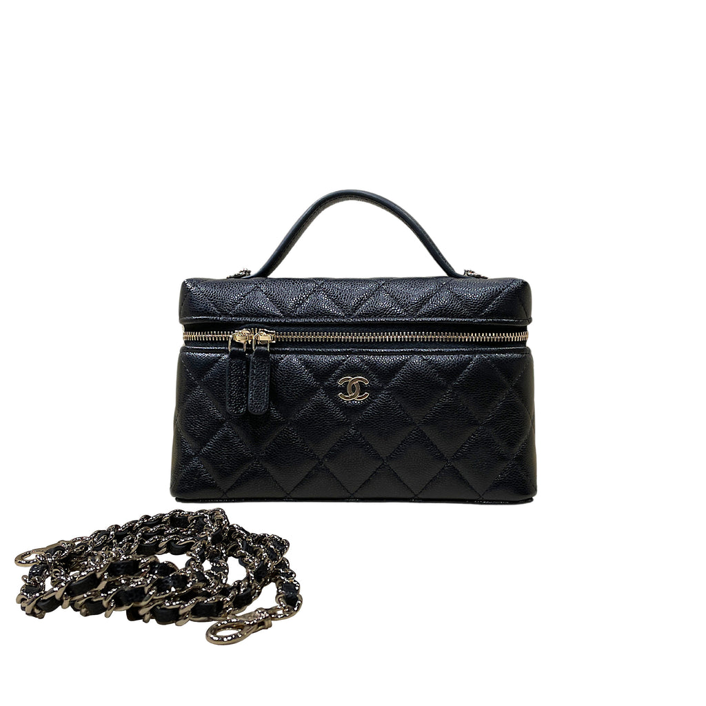 Chanel Vanity Case in Caviar Grained Calfskin & Gold-Tone Metal with Chain