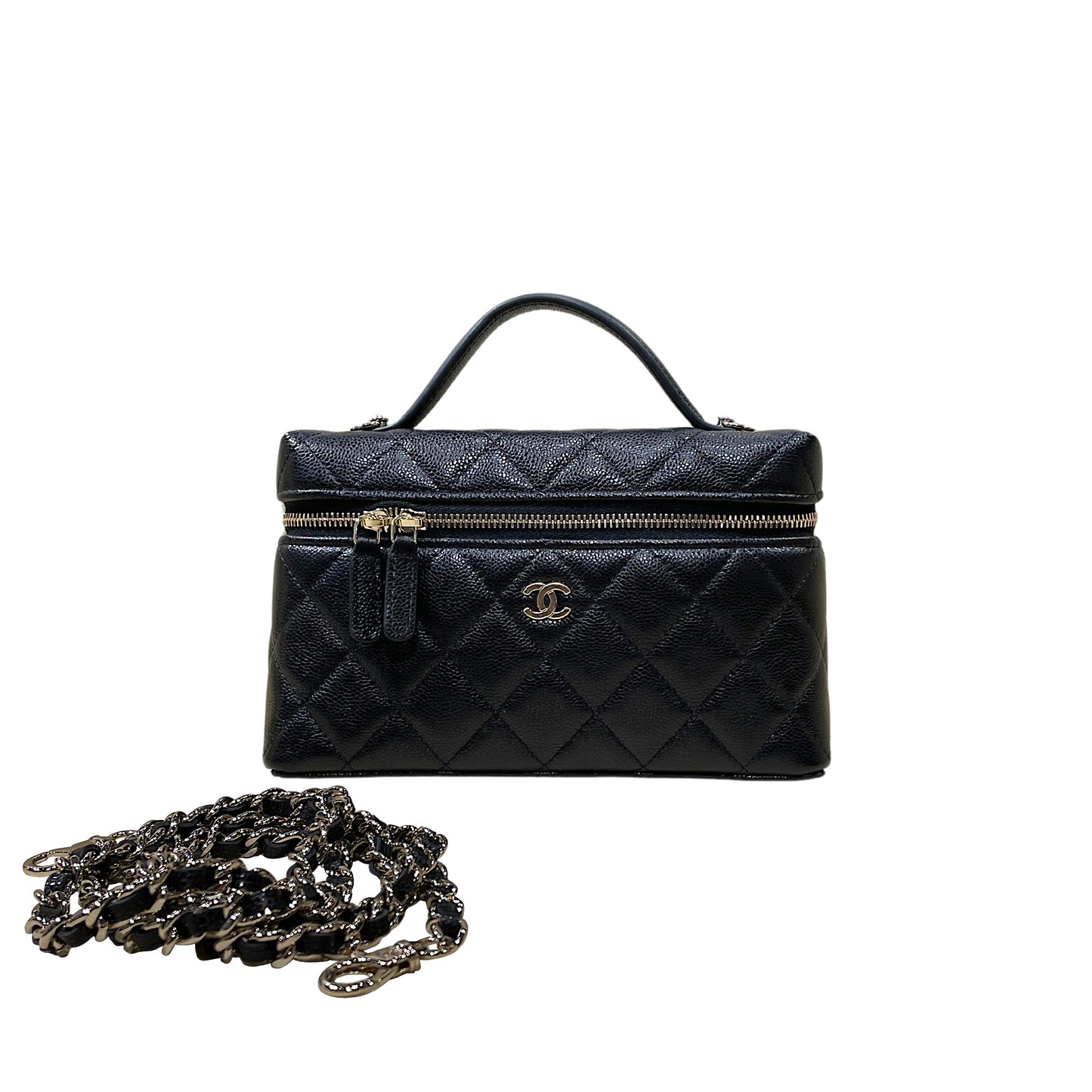 Chanel Vanity Case in Caviar Grained Calfskin & Gold-Tone Metal with Chain