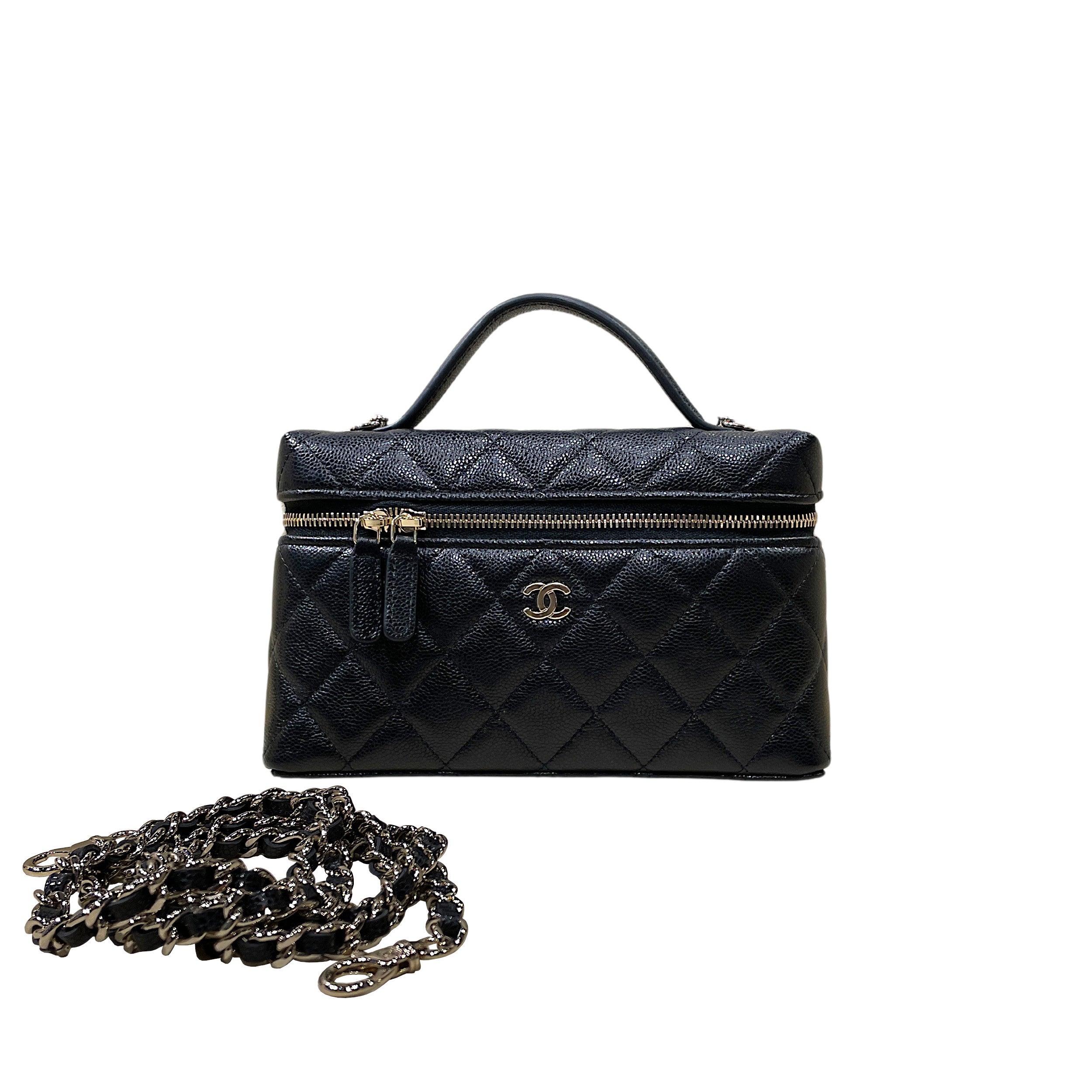 Chanel Vanity Case in Caviar Grained Calfskin & Gold-Tone Metal with Chain