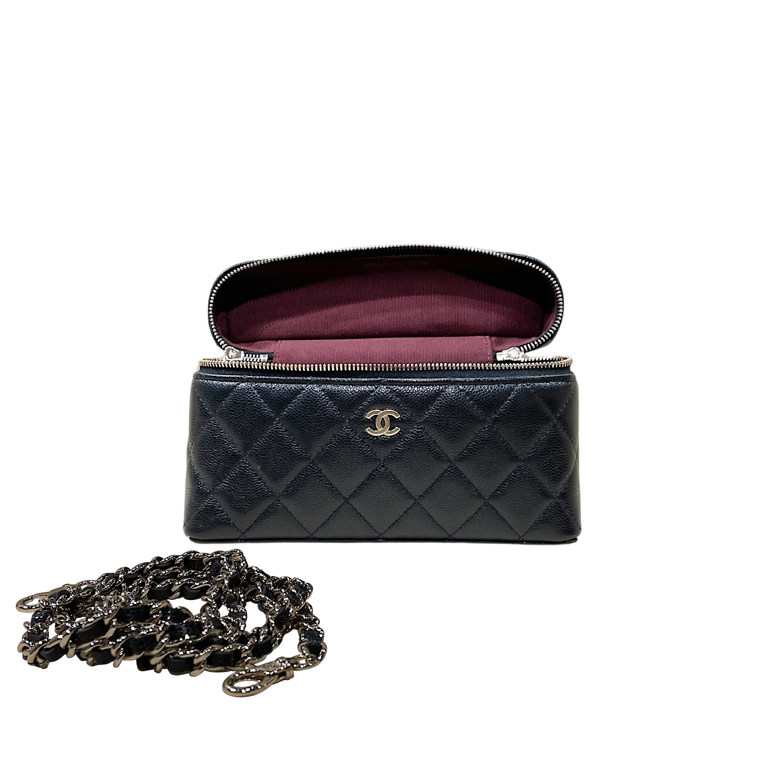 Chanel Vanity Case in Caviar Grained Calfskin & Gold-Tone Metal with Chain