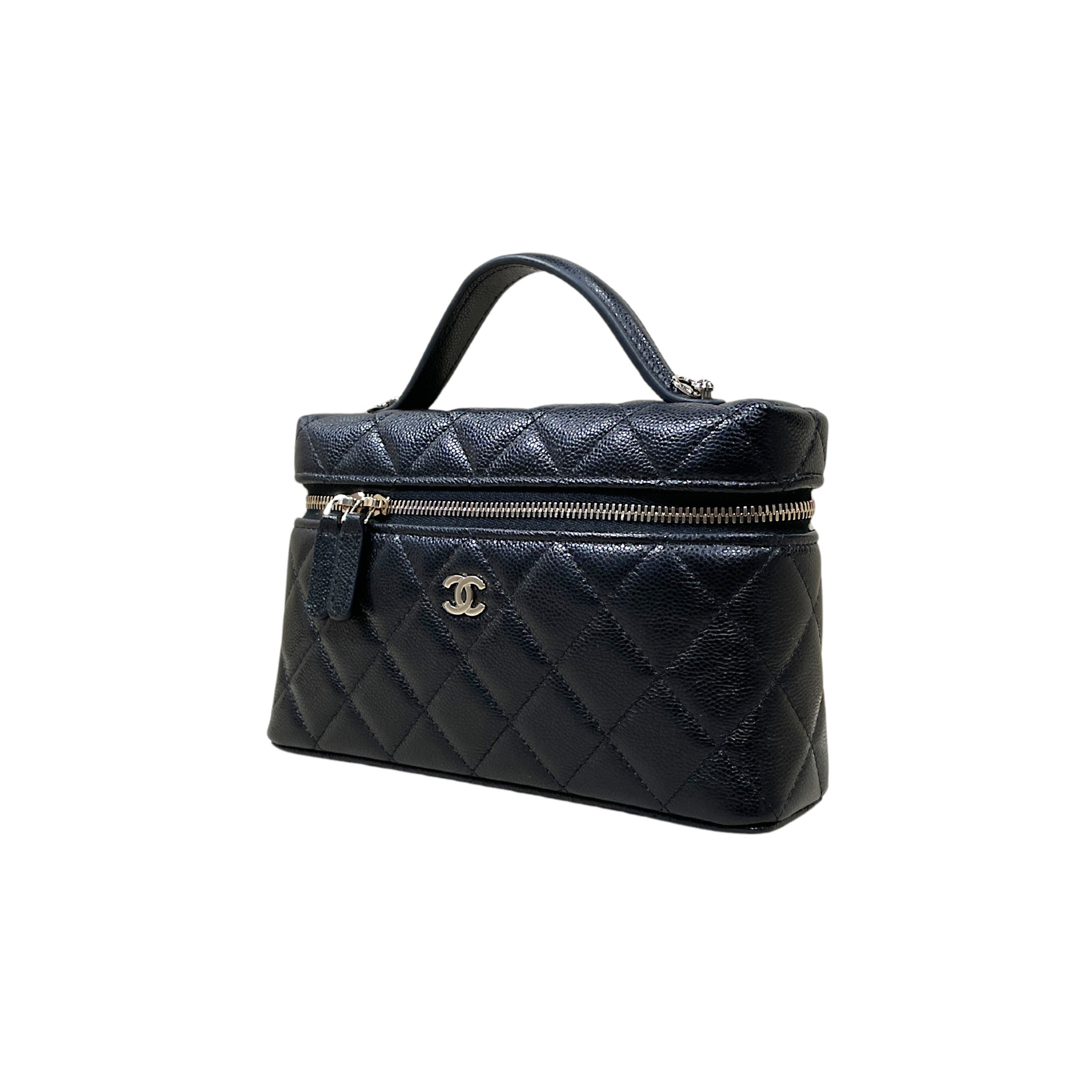 Chanel Vanity Case in Caviar Grained Calfskin & Gold-Tone Metal with Chain
