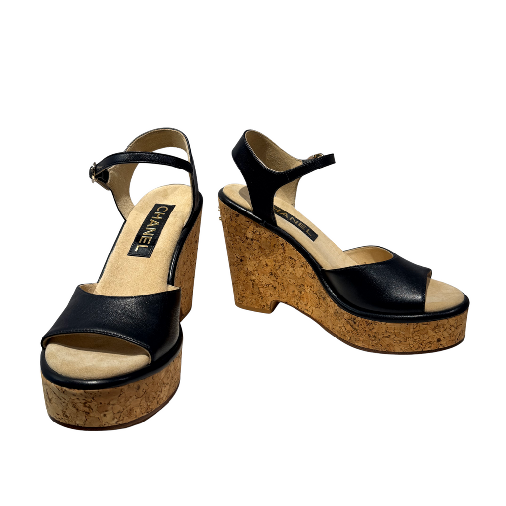 Chanel Leather and Cork Wedge Sandals in Shiny Lambskin