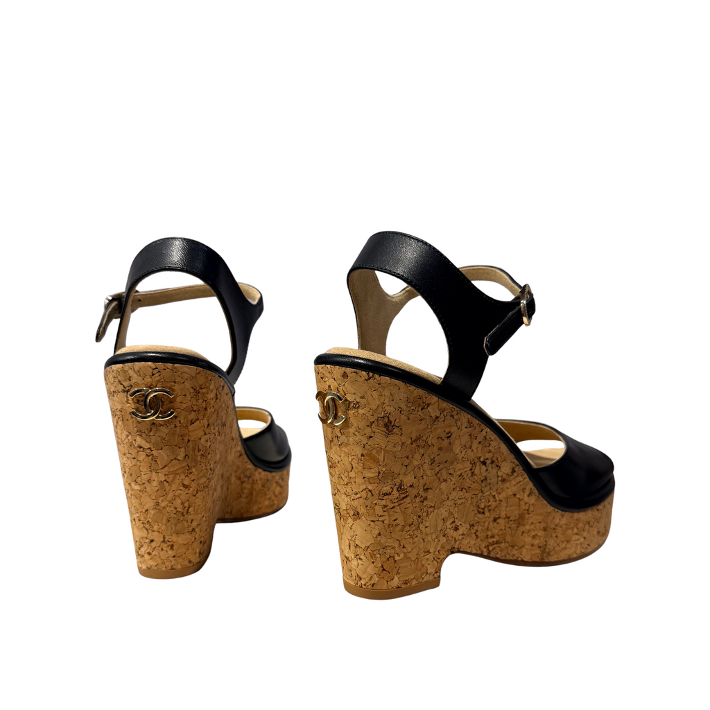 Chanel Leather and Cork Wedge Sandals in Shiny Lambskin