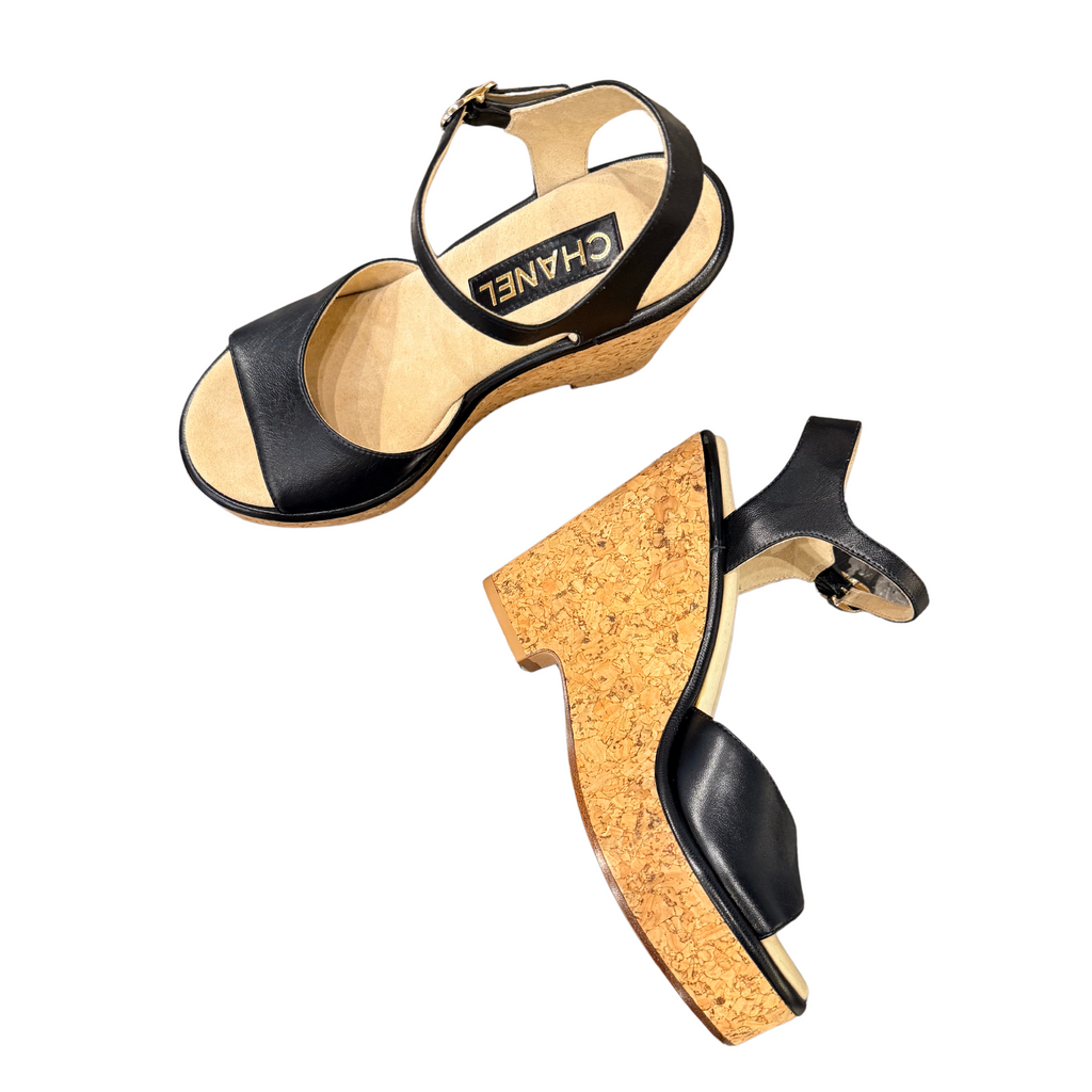 Chanel Leather and Cork Wedge Sandals in Shiny Lambskin
