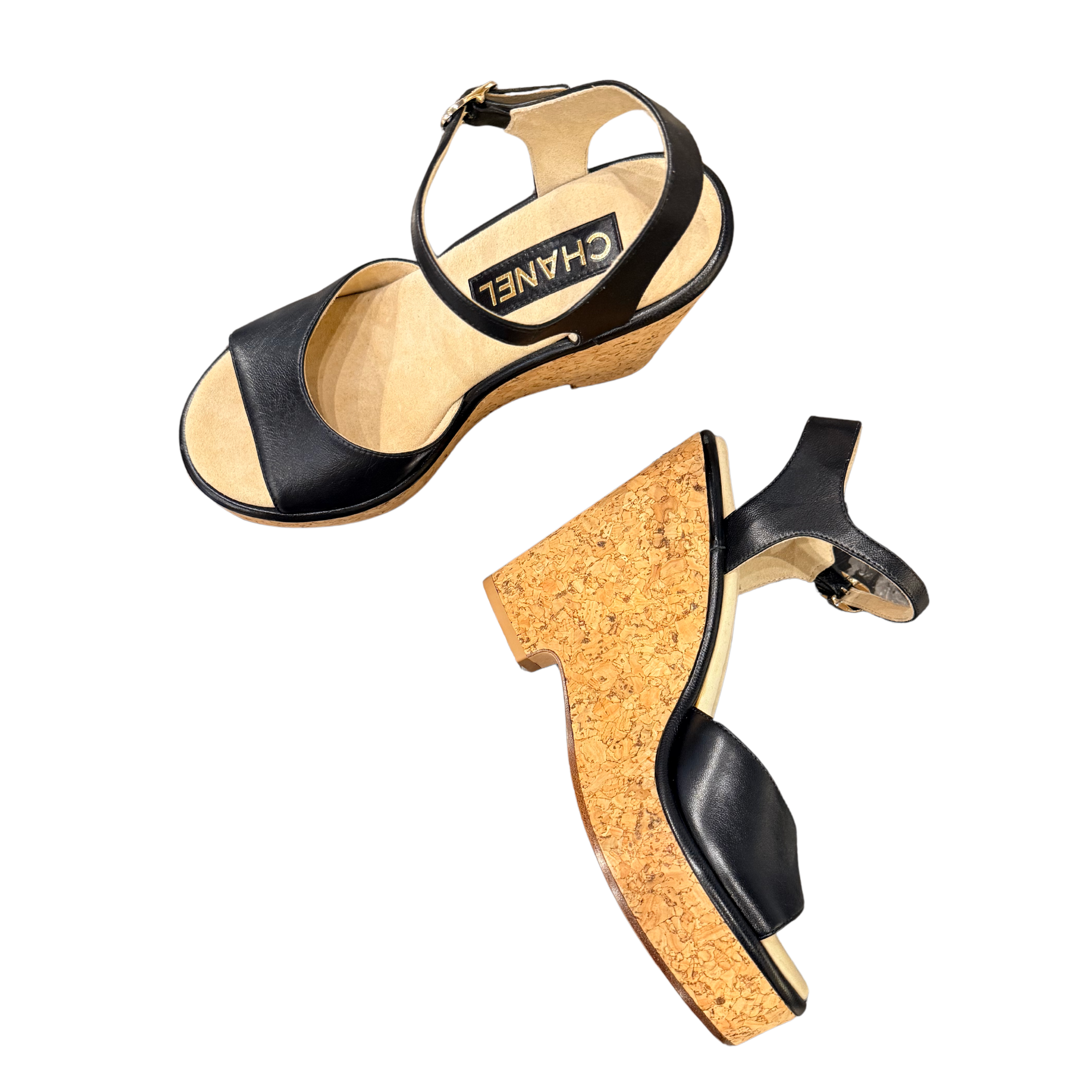 Chanel Leather and Cork Wedge Sandals in Shiny Lambskin