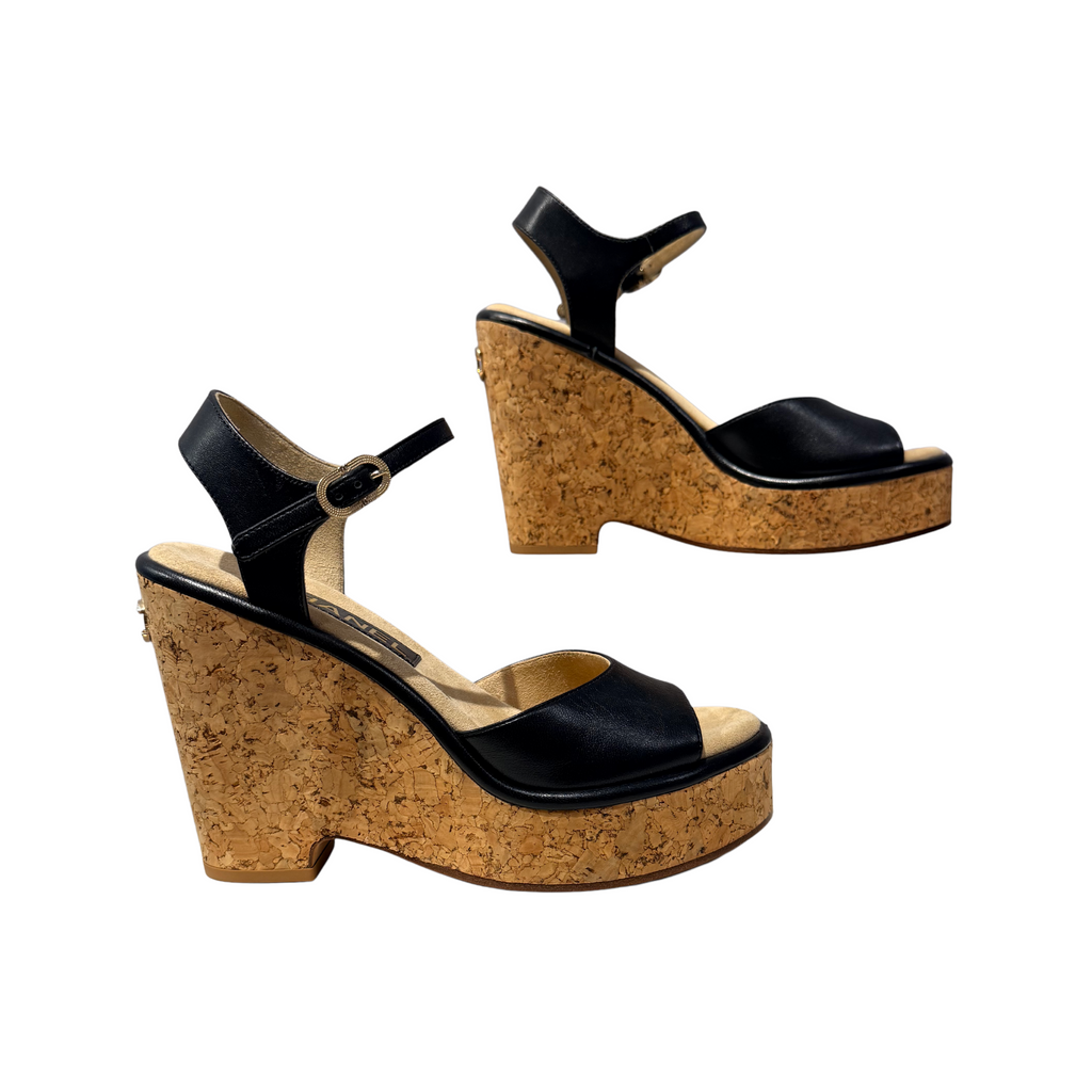 Chanel Leather and Cork Wedge Sandals in Shiny Lambskin