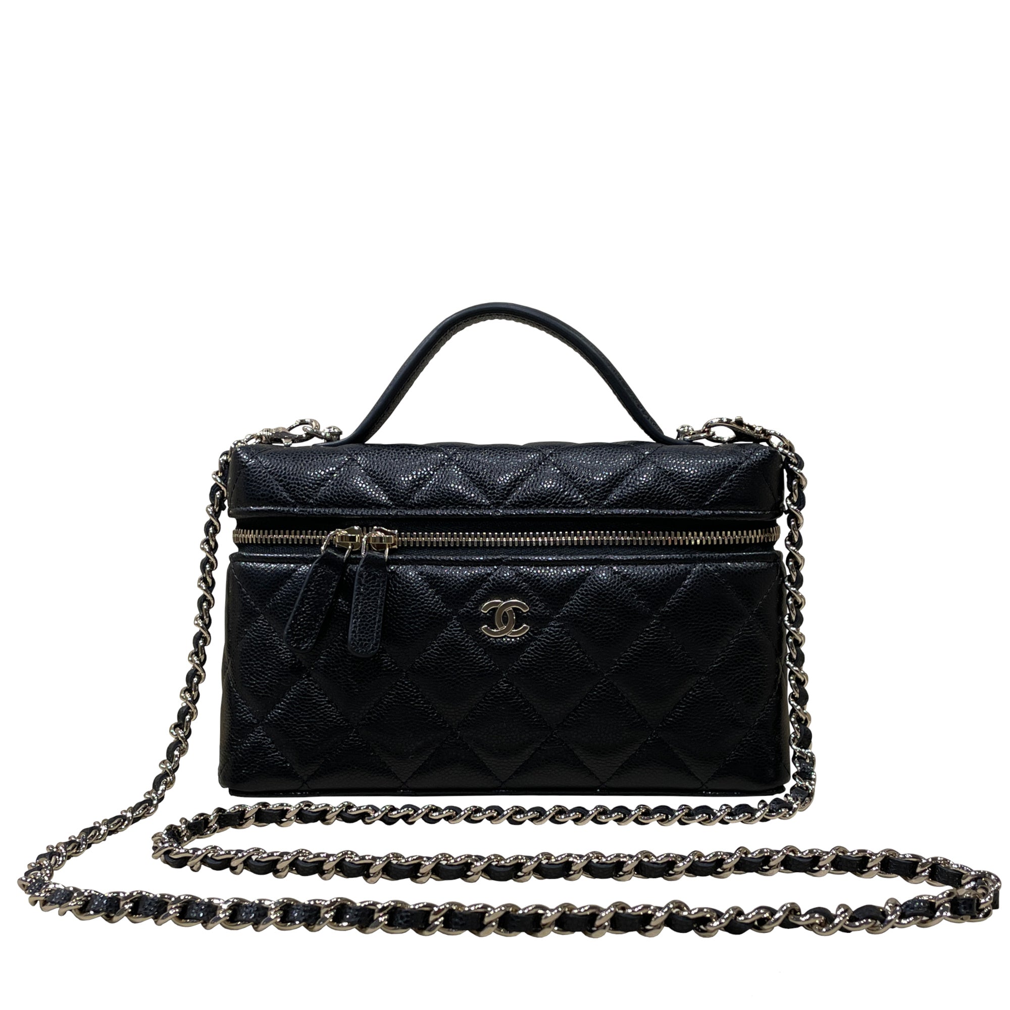 Chanel Vanity Case in Caviar Grained Calfskin & Gold-Tone Metal with Chain
