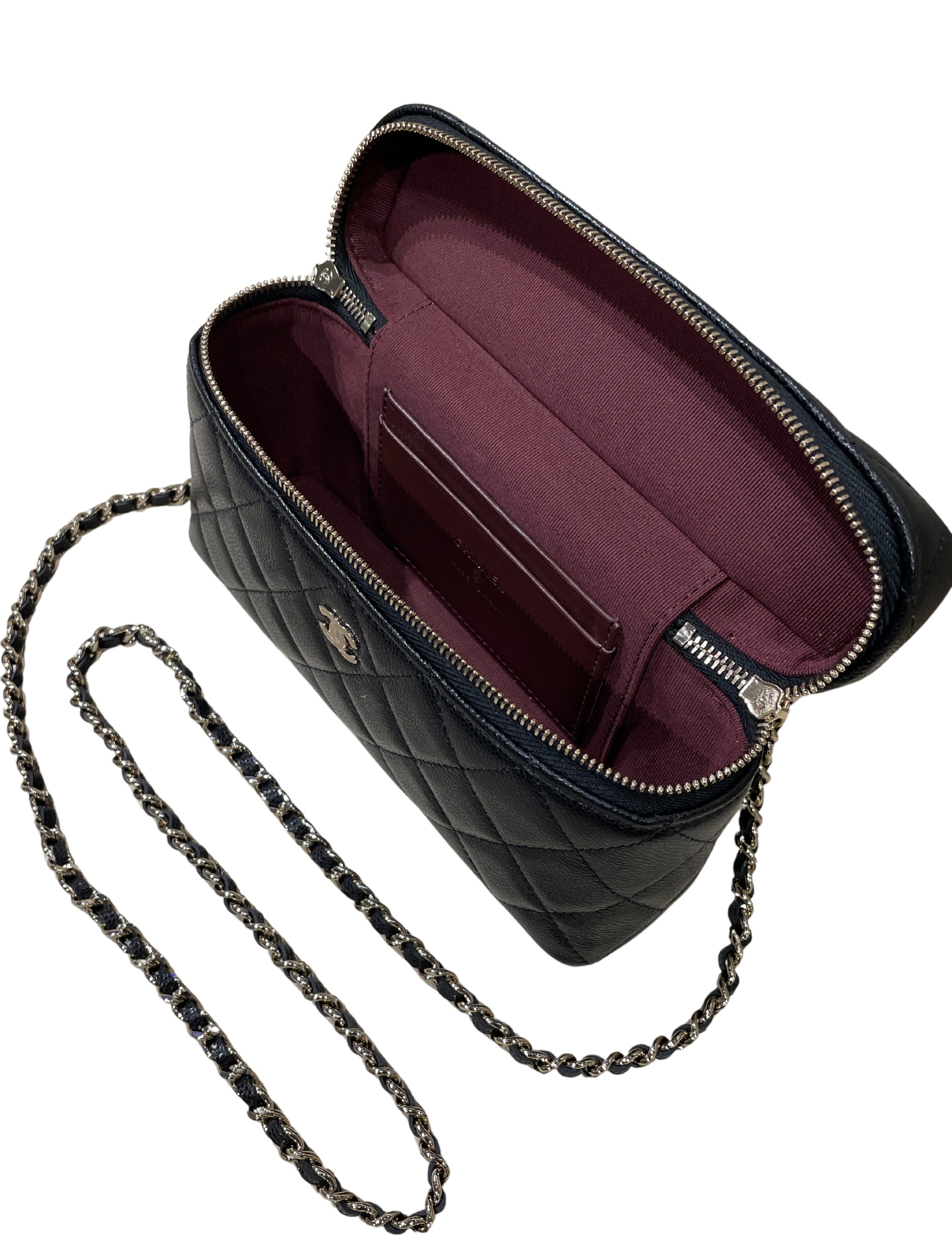 Chanel Vanity Case in Caviar Grained Calfskin & Gold-Tone Metal with Chain