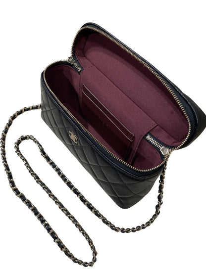 Chanel Vanity Case in Caviar Grained Calfskin & Gold-Tone Metal with Chain