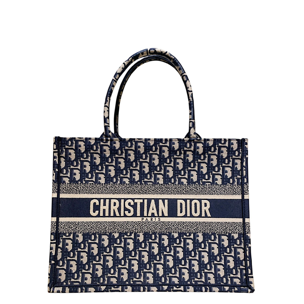 Dior Book Tote in Ecru and Blue Dior Oblique Embroidery