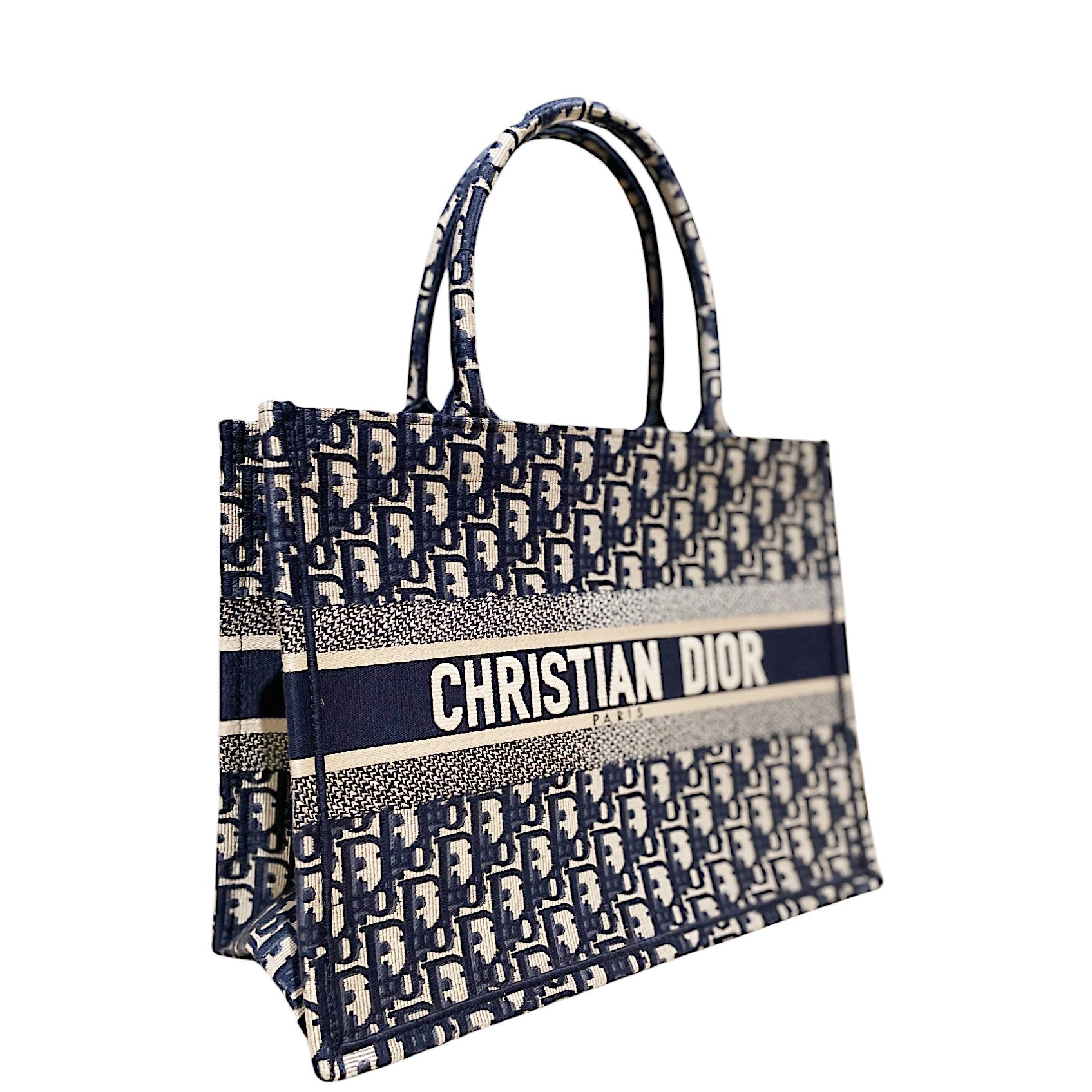 Dior Book Tote in Ecru and Blue Dior Oblique Embroidery