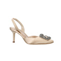 Manolo Blahnik Hangisli Champagne Satin Jewel Buckle 70mm Mid Heel Slingback Pumps