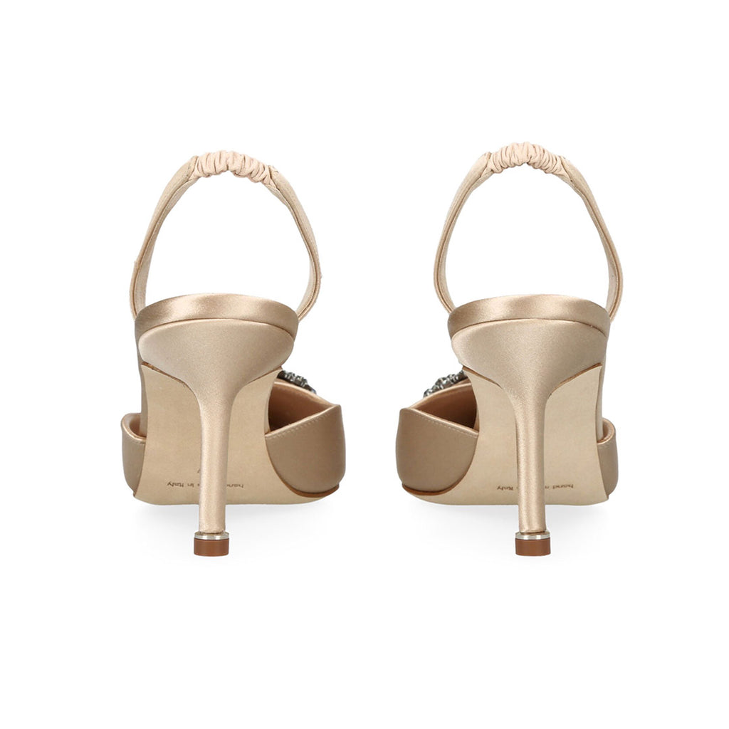 Manolo Blahnik Hangisli Champagne Satin Jewel Buckle 70mm Mid Heel Slingback Pumps