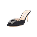Manolo Blahnik Hangisimu Black Satin Jewel Buckle 70mm Mid Heel Mules