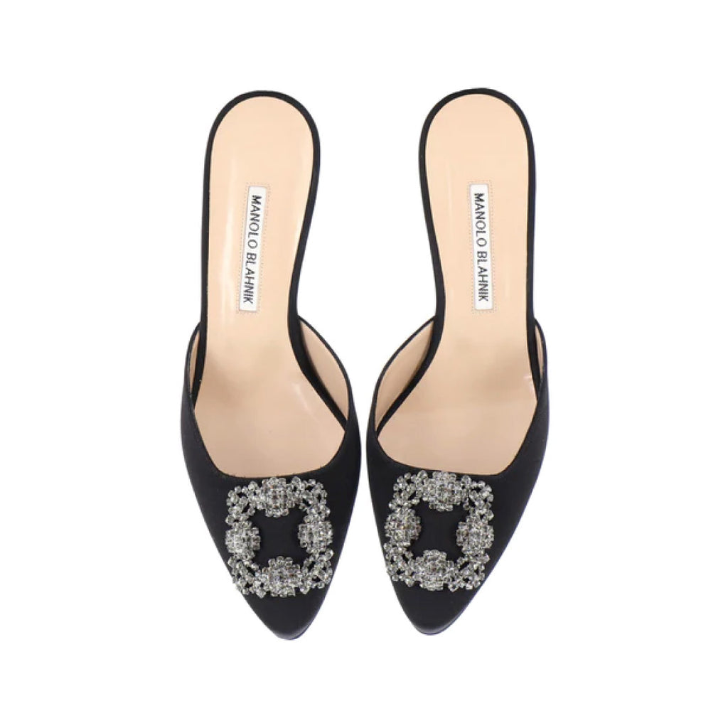 Manolo Blahnik Hangisimu Black Satin Jewel Buckle 70mm Mid Heel Mules