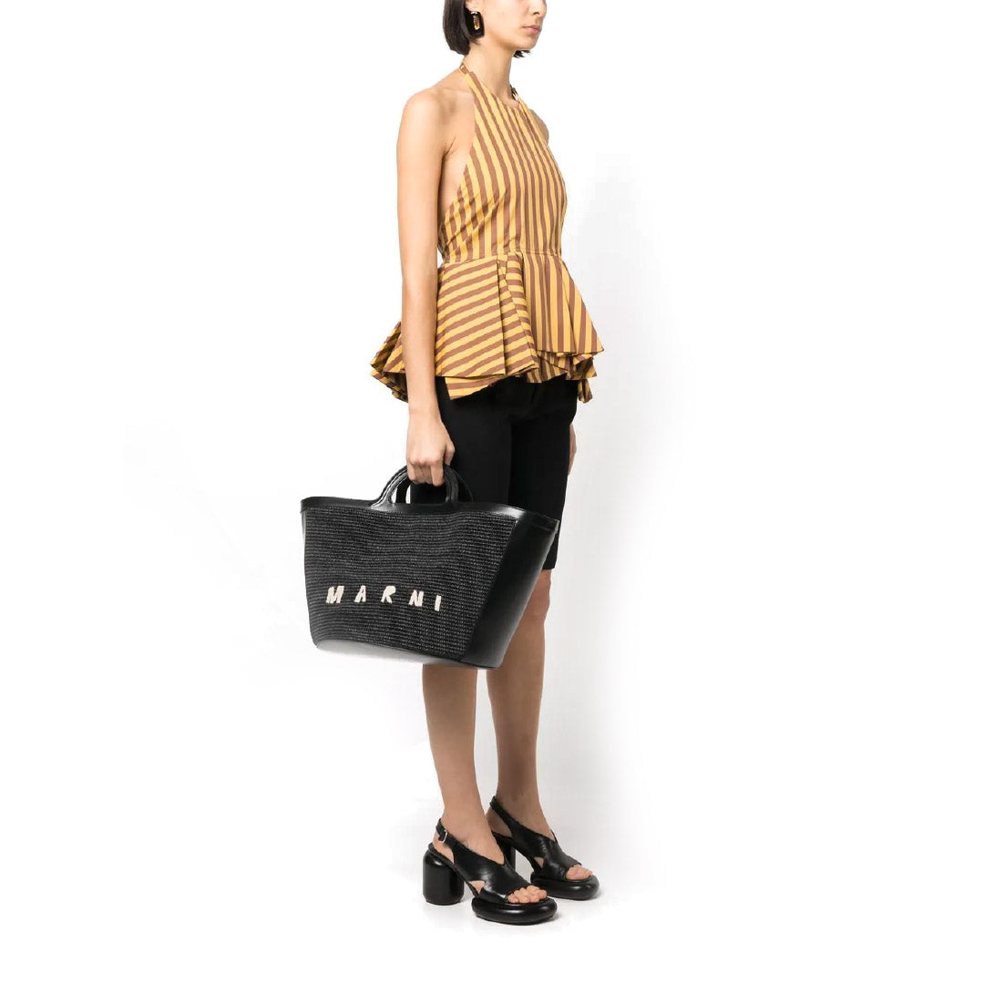 Tropicalia Large Bag in Black Leather and Raffia