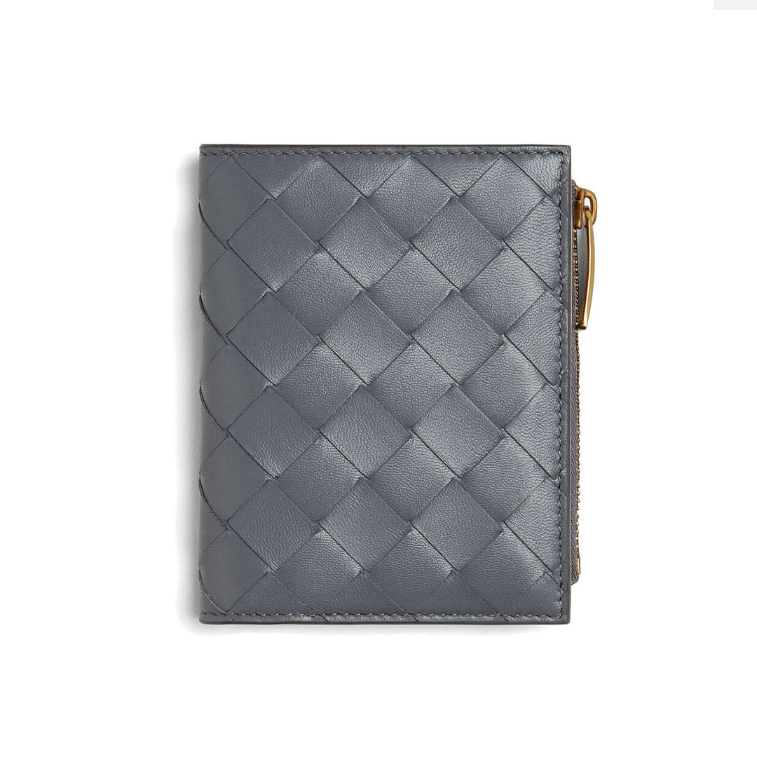 Small Intrecciato Bi-fold Zip Wallet in Gray