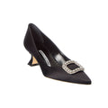 Manolo Blahnik Fabeta Black Satin 50mm Low Heel Pumps with Crystal and Pearl Buckle