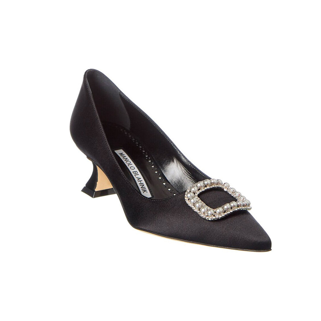 Manolo Blahnik Fabeta Black Satin 50mm Low Heel Pumps with Crystal and Pearl Buckle