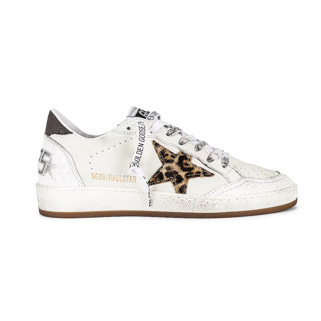 GGDB Men's Ball Star - White Leather / Leopard Print Pony Skin Star / Gray Canvas Heel Tab