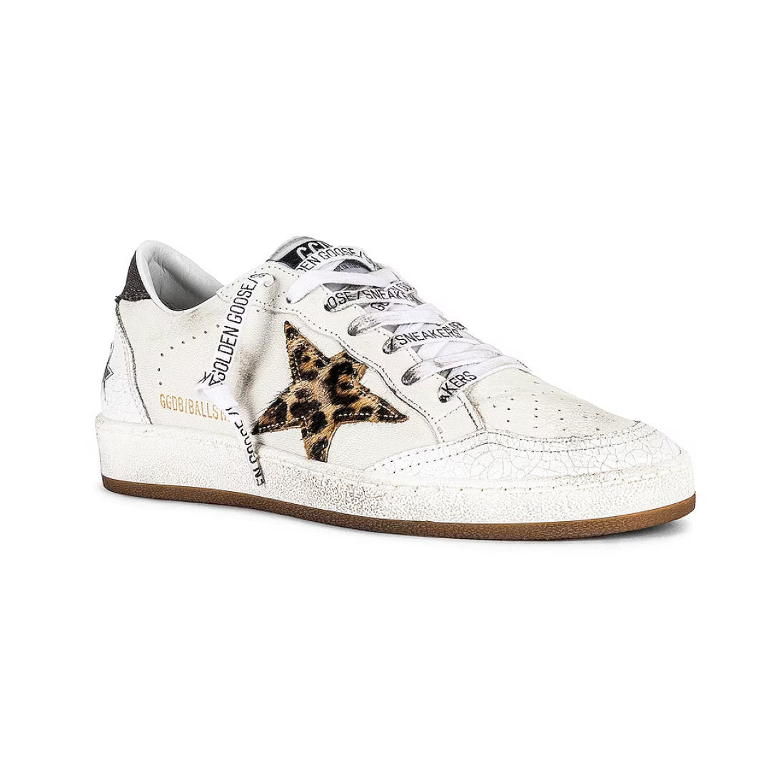 GGDB Men's Ball Star - White Leather / Leopard Print Pony Skin Star / Gray Canvas Heel Tab