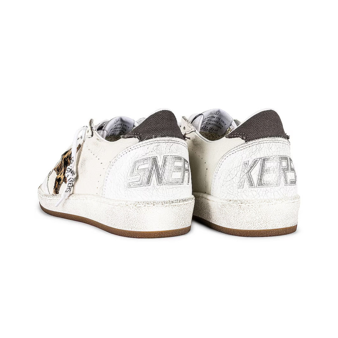 GGDB Men's Ball Star - White Leather / Leopard Print Pony Skin Star / Gray Canvas Heel Tab