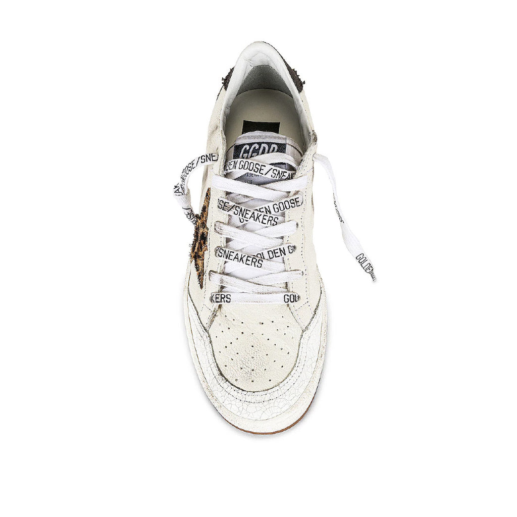 GGDB Men's Ball Star - White Leather / Leopard Print Pony Skin Star / Gray Canvas Heel Tab