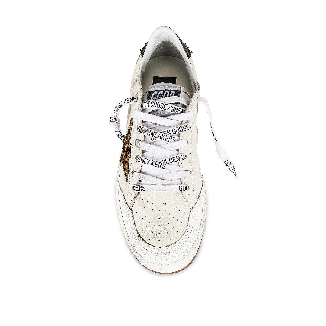 GGDB Men's Ball Star - White Leather / Leopard Print Pony Skin Star / Gray Canvas Heel Tab
