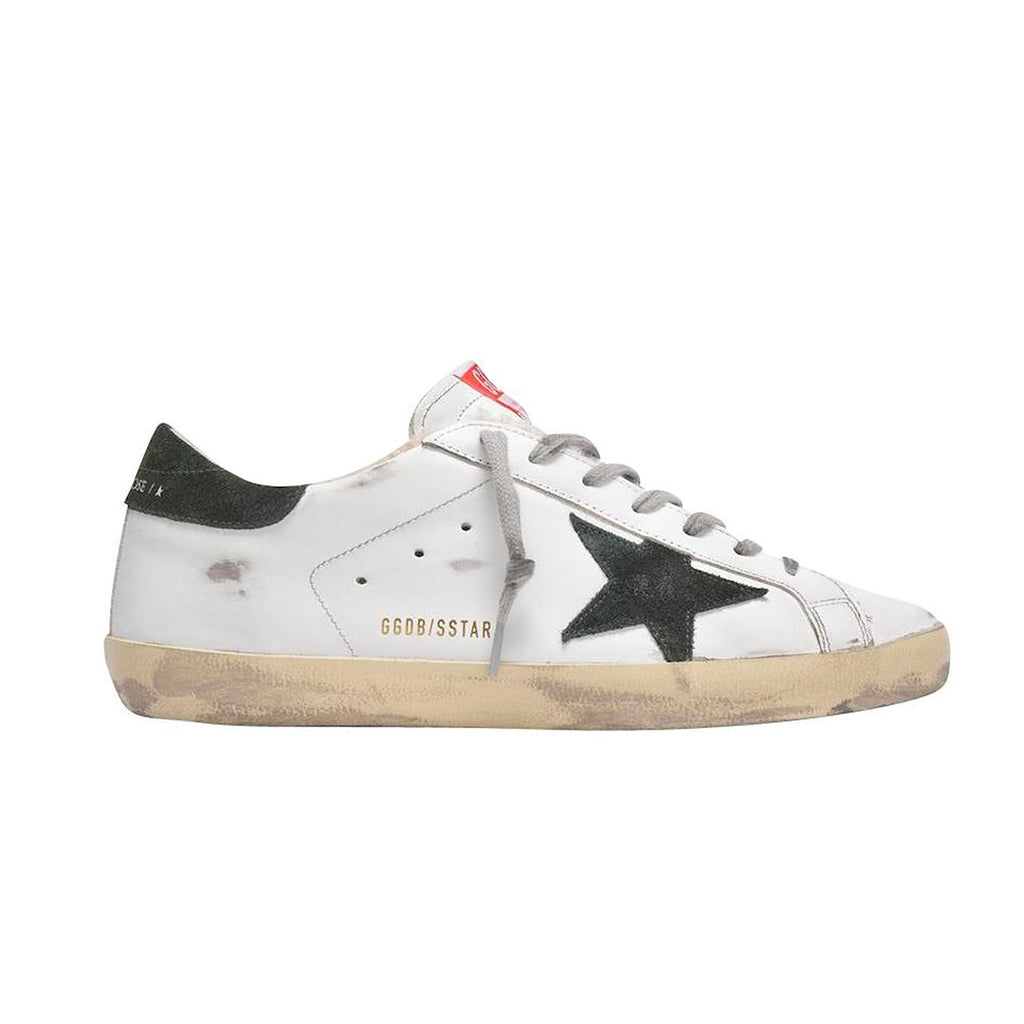 GGDB Men's Super-Star Classic - White Leather / Shearling Fur Lining / Military Green Suede Star and Heel Tab
