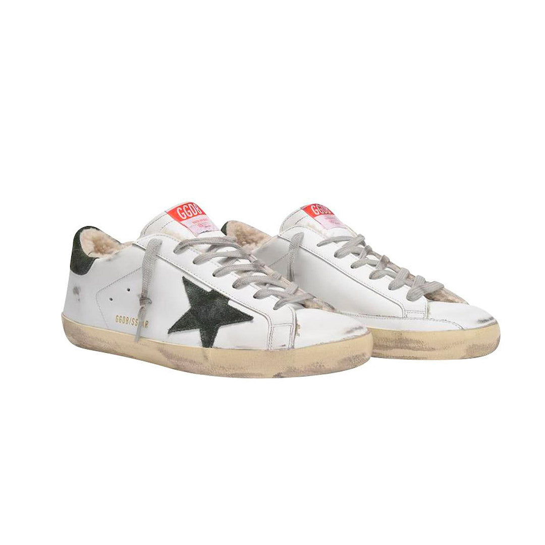 GGDB Men's Super-Star Classic - White Leather / Shearling Fur Lining / Military Green Suede Star and Heel Tab